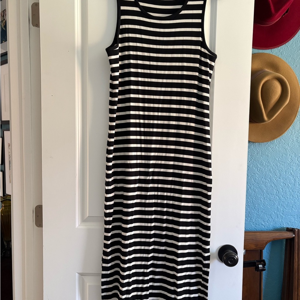 Tahari Woman Black & White Striped Sleeveless Maxi Dress